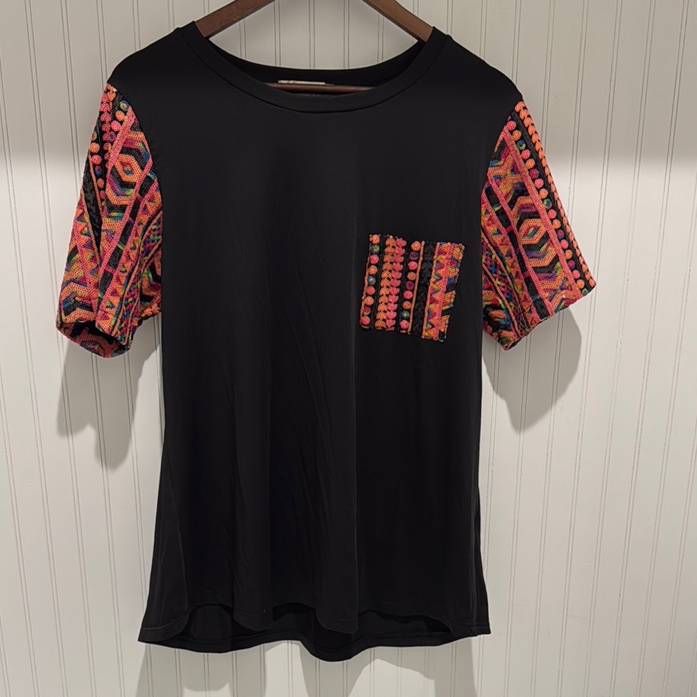 Black Top with Colorful Patterned Sleeves